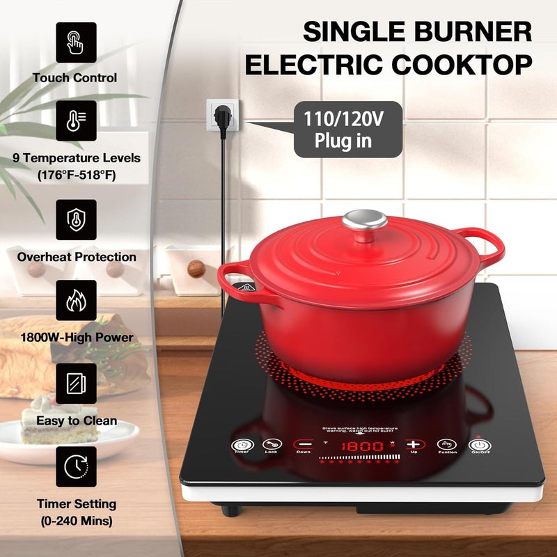 Bgk Single Burner Electric Cooktop,110V 1800W Electric Stove Top with LED Touch Control,Single electric burner 9 Power Levels, 4 hTimer, Safety Lock,Overheat protection - Image 3